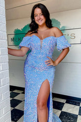 dressimeMermaid Sequin Off The Shoulder Puff Sleeve Long Prom Dresses With Slit 