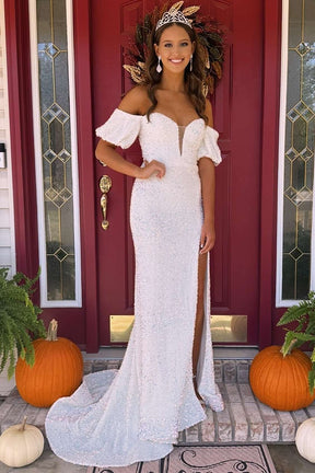 dressimeMermaid Sequin Off The Shoulder Puff Sleeve Long Prom Dresses With Slit 