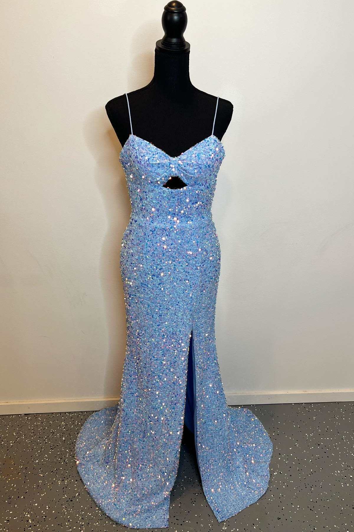 dressimeMermaid Sequin Spaghetti Straps Keyhole Long Prom Dress with Slit 