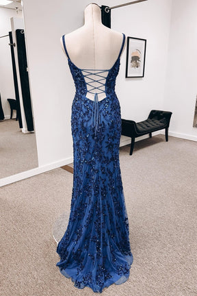 dressimeMermaid Spaghetti Straps Embroidery Long Prom Dresses with Slit 