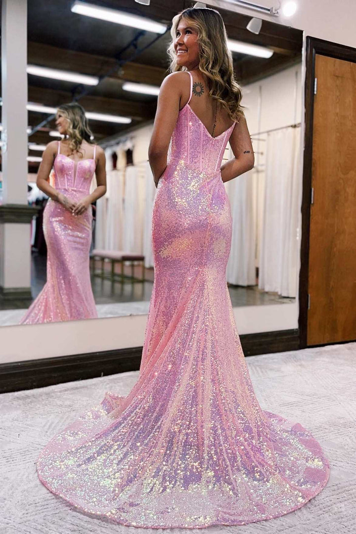 dressimeMermaid Spaghetti Straps Sequin Long Prom Dresses 