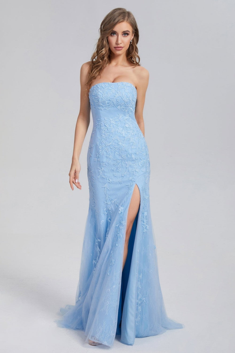 dressimeMermaid Strapless Applique Long Prom Dresses With Slit 
