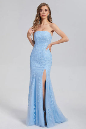 dressimeMermaid Strapless Applique Long Prom Dresses With Slit 