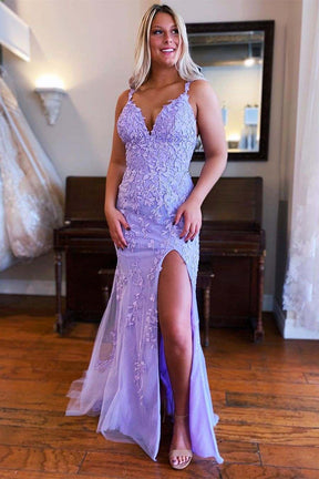 dressimeMermaid Straps Lace Appliques Long Prom Dresses with Slit 