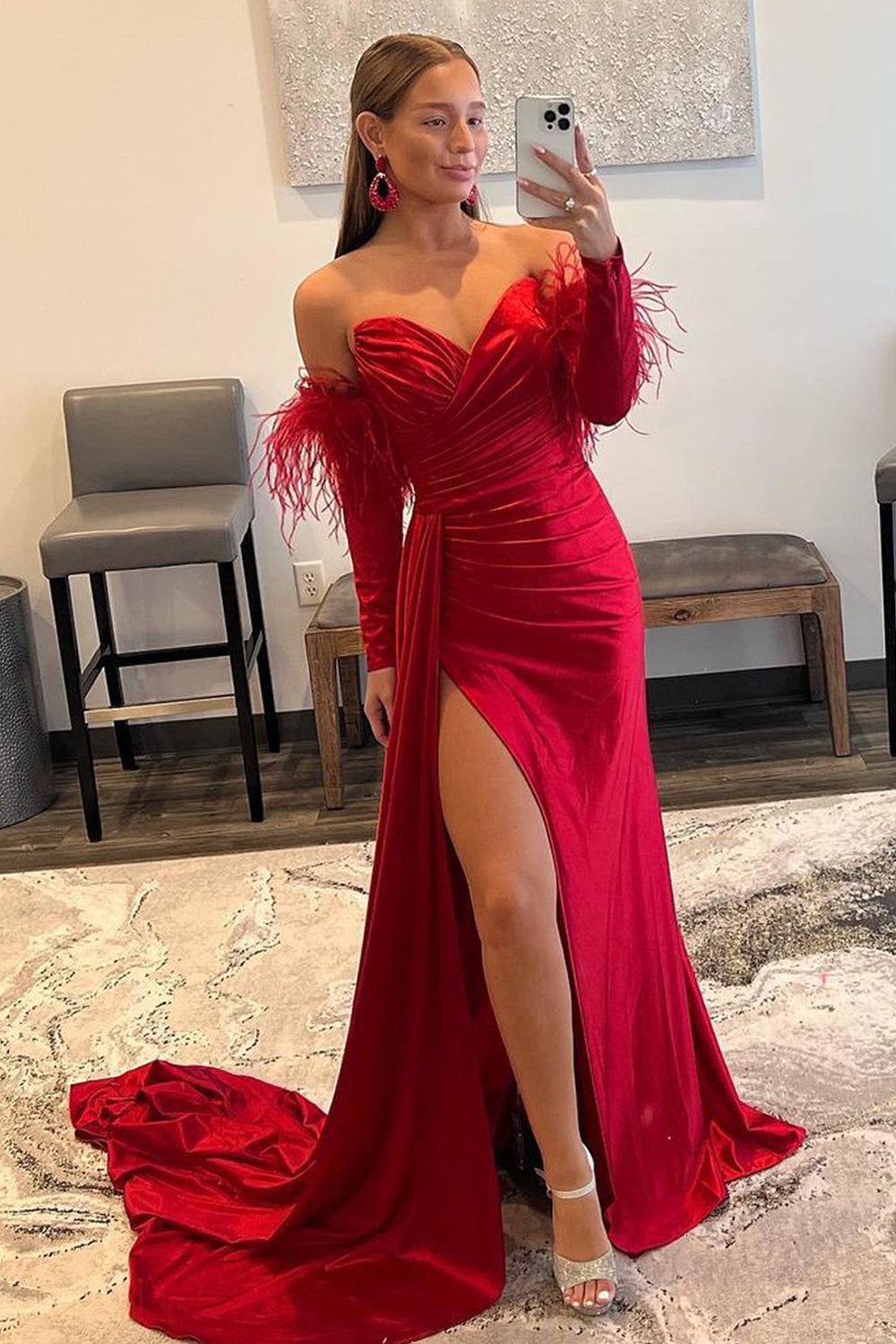 dressimeMermaid Sweetheart Pleated Long Sleeves Prom Dresses with Slit Feather 