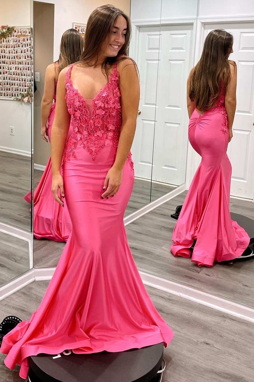 dressimeMermaid V Neck 3D Floral Lace Backless Trumpet Prom Dress 