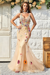dressimeMermaid V Neck Tulle With Appliques Floor Length Prom Dresses 