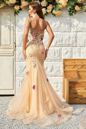 dressimeMermaid V Neck Tulle With Appliques Floor Length Prom Dresses 