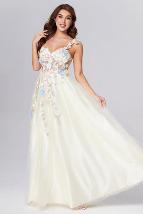 dressimeOne Shoulder Champagne Long Prom Dress with Flowers Slit 