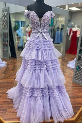 dressimePrincess A Line Off the Shoulder Long Prom Dresses with Ruffles 