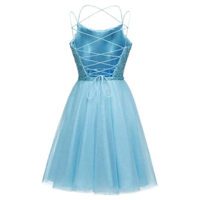 dressimePuffy A Line Tulle Spaghetti Straps Beading Homecoming Dresses Short Cocktail Dress for Teens 