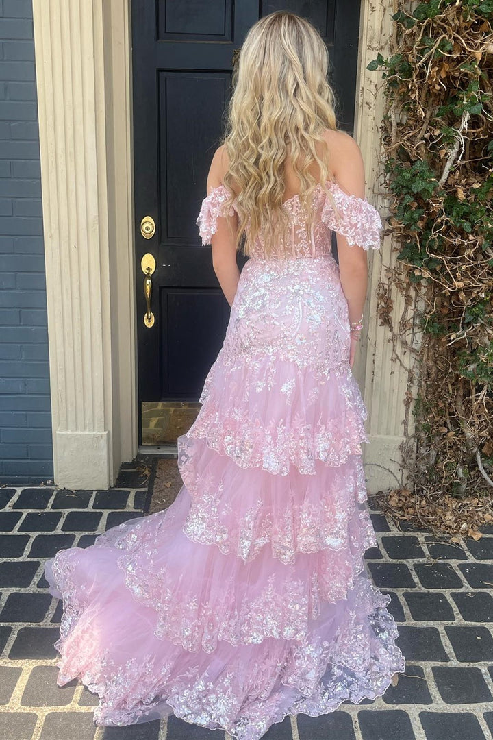 dressimeSequin-Embroidery Off-the-Shoulder Tiered Long Prom Dresses 