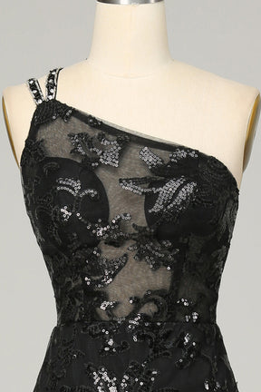 dressimeSexy Black Lace  Prom Dresses One Shoulder Mermaid Zipper Up 