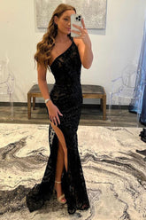 dressimeSexy Black Lace  Prom Dresses One Shoulder Mermaid Zipper Up 
