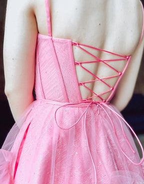 dressimeSexy Short Cute Pink Spaghetti Straps Tulle Mini Junior Backless V-Neck Homecoming Dress 
