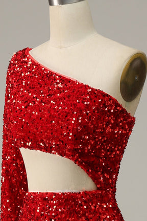 dressimeSheath One Shoulder Red Sequins Long Prom Dress with Silt 