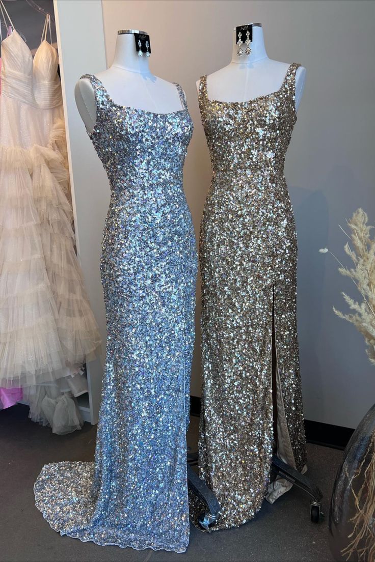 dressimeSheath Sequin Square Neck Backless Long Prom Dresses with Slit 