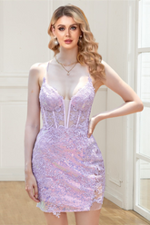 dressimeSimple Spaghetti Straps Short Homecoming Dress With Applique, Sequin Graduation Dress 
