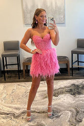 dressimeSimple Strapless Cute Lace Feather Sleeveless Homecoming Dresses 