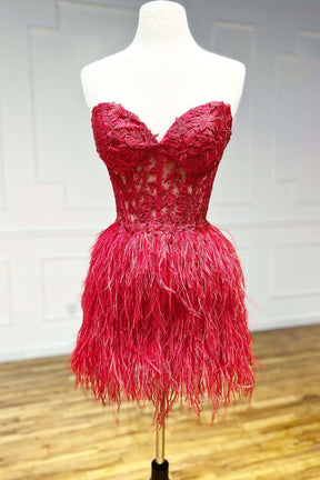 dressimeSimple Strapless Cute Lace Feather Sleeveless Homecoming Dresses 