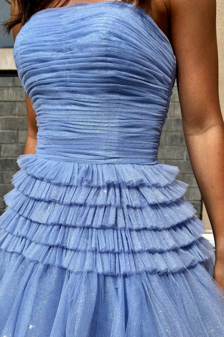 dressimeStrapless A-line Multi-Layers Tulle Long Prom Dresses with Slit 