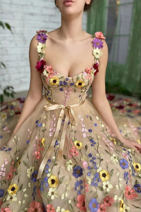 dressimeStraps A Line Tulle  Prom Dresses With 3D Flower 