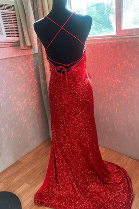 dressimeStunning Sheath Spaghetti Straps Sequin Prom Dresses With Slit 
