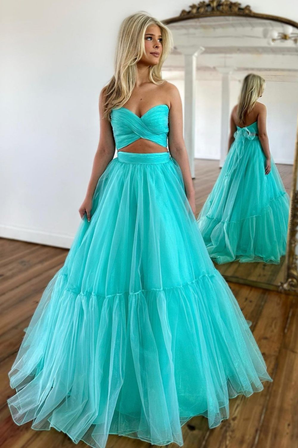 Dressime Two-Piece Puff Sleeves Pleated Organza Long Prom Dresses