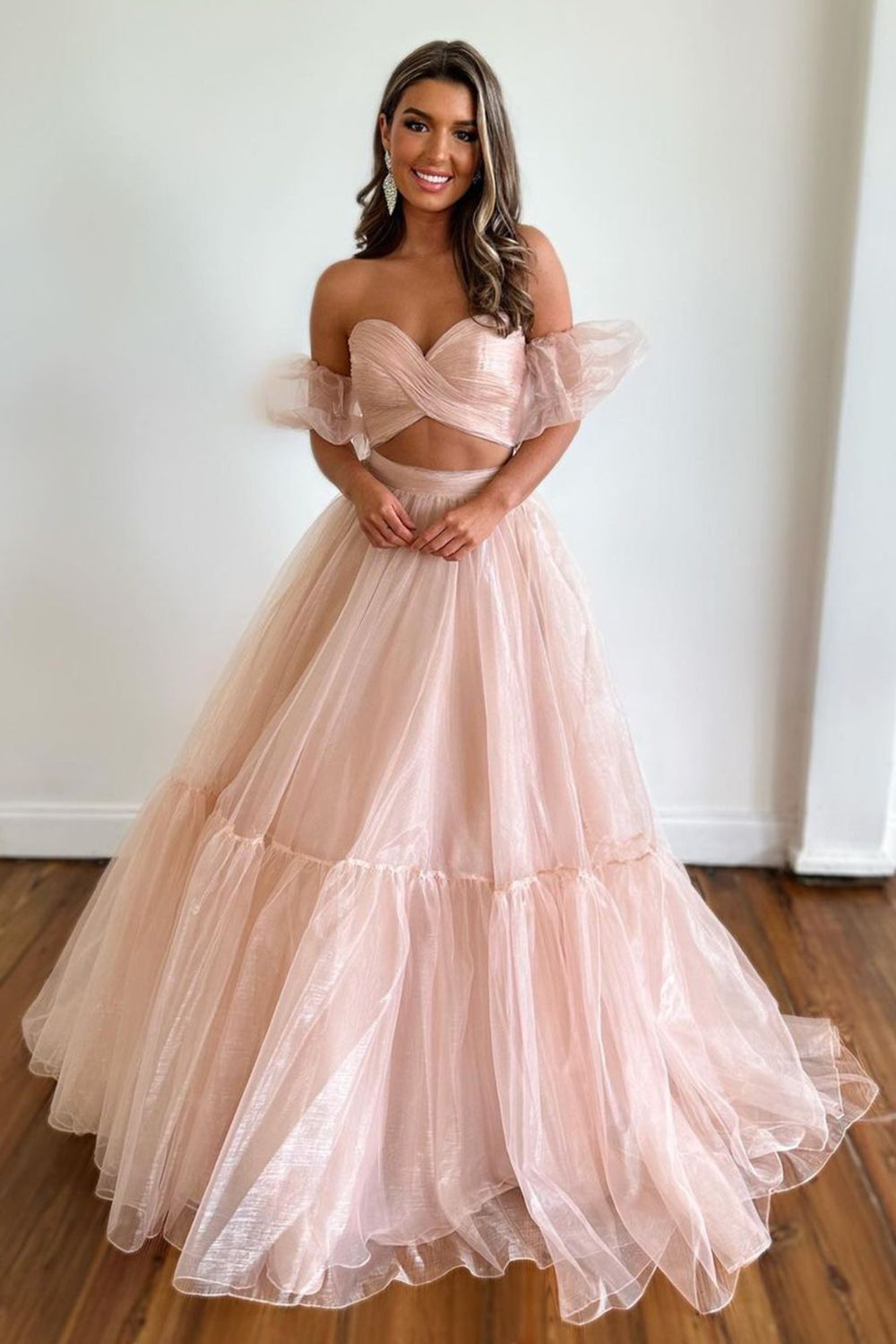 Dressime Two-Piece Puff Sleeves Pleated Organza Long Prom Dresses