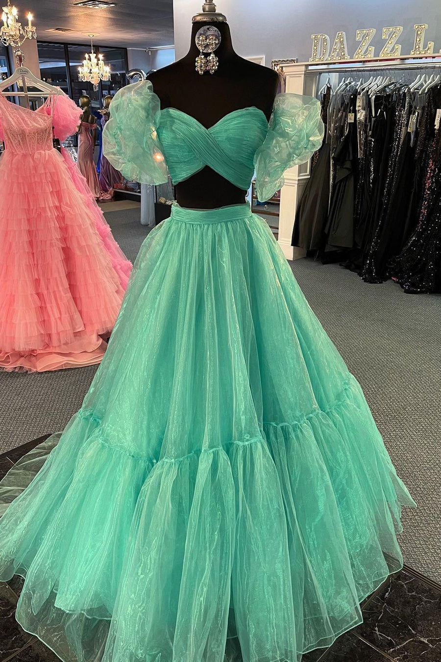 dressimeTwo-Piece Puff Sleeves Pleated Organza Long Prom Dresses 