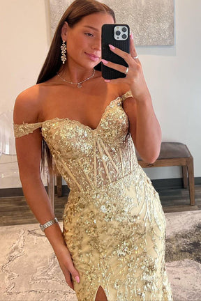 Dressime Mermaid Off The Shoulder Sequined Floral Long Prom Dress with Slit