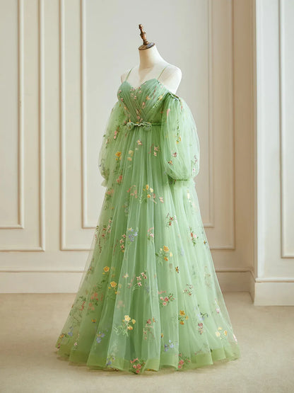 Dressime A Line Spaghetti Straps Tulle Long Evening Dress With Embroidery