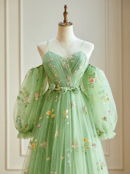 Dressime A Line Spaghetti Straps Tulle Long Evening Dress With Embroidery