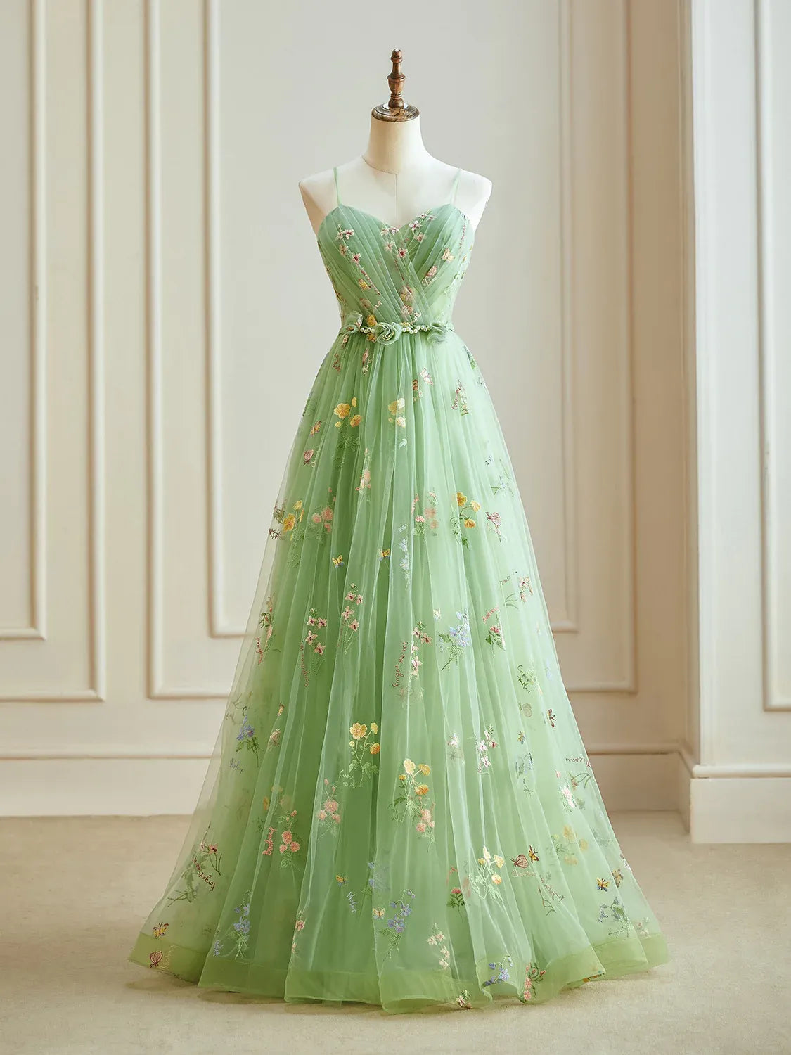 Dressime Woman's Sage Evening Dress A Line Spaghetti Straps Tulle Long Prom Dress With Embroidery dressime Dressime Woman's Sage Evening Dress A Line Spaghetti Straps Tulle Long Prom Dress With Embroidery dressime