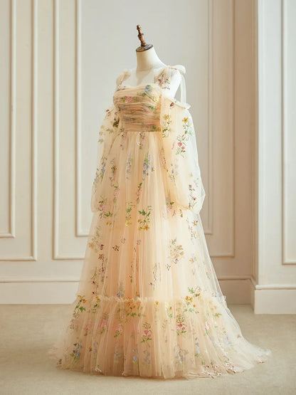 Dressime A Line Spaghetti Straps Tulle Floral Appliques Long Evening Dress