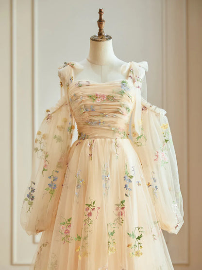 Dressime A Line Spaghetti Straps Tulle Floral Appliques Long Evening Dress