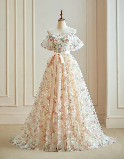 Dressime Glitter A Line Off The Shoulder Floral Long Evening Dress With Seuqin