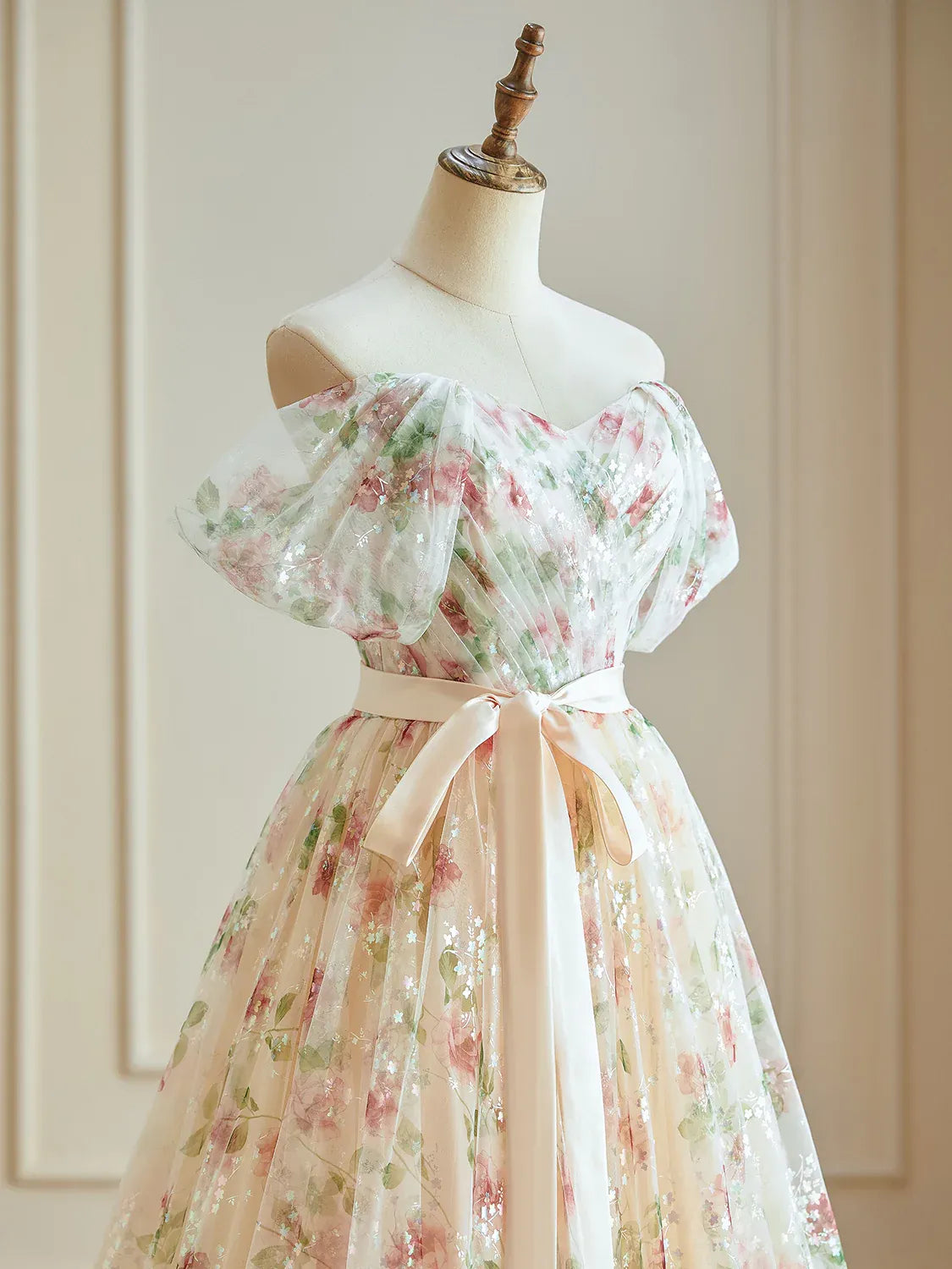 Dressime Glitter A Line Off The Shoulder Floral Long Evening Dress With Seuqin