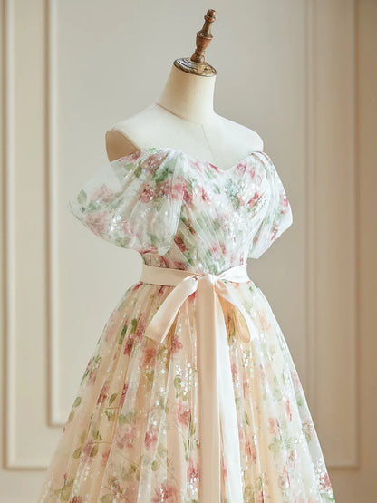 Dressime Glitter A Line Off The Shoulder Floral Long Evening Dress With Seuqin