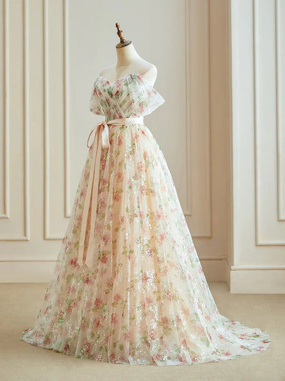 Dressime Glitter A Line Off The Shoulder Floral Long Evening Dress With Seuqin