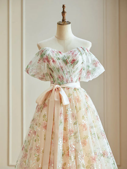 Dressime Glitter A Line Off The Shoulder Floral Long Evening Dress With Seuqin