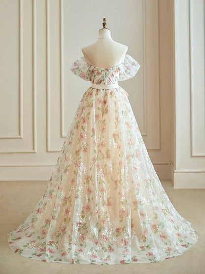 Dressime Glitter A Line Off The Shoulder Floral Long Evening Dress With Seuqin