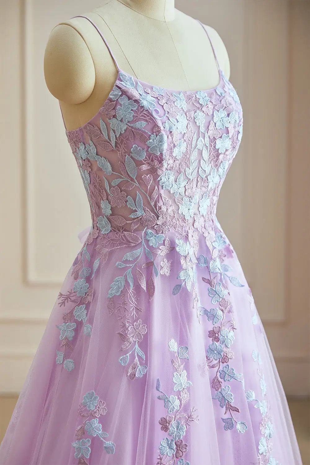 Dressime Classic A Line Spaghetti Straps Tulle Long Evening Dress With Appliques