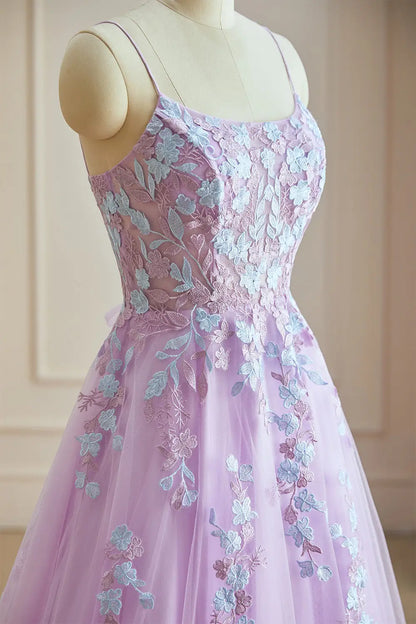 Dressime Classic A Line Spaghetti Straps Tulle Long Evening Dress With Appliques