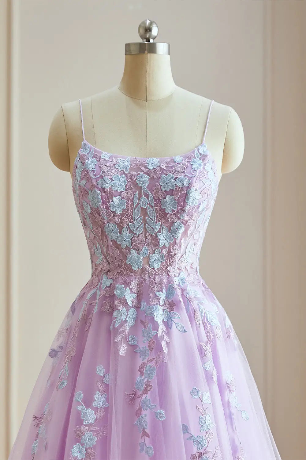 Dressime Classic A Line Spaghetti Straps Tulle Long Evening Dress With Appliques