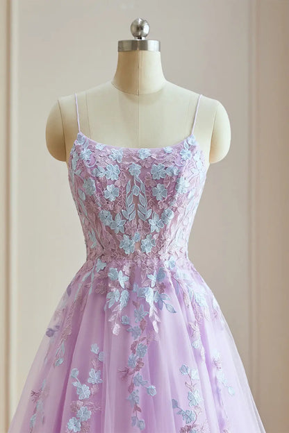 Dressime Classic A Line Spaghetti Straps Tulle Long Evening Dress With Appliques