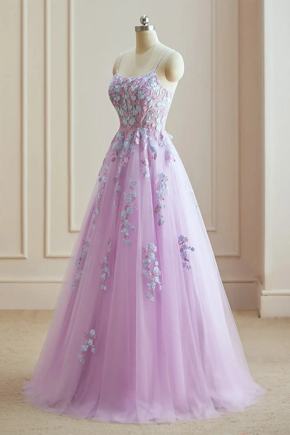 Dressime Classic A Line Spaghetti Straps Tulle Long Evening Dress With Appliques