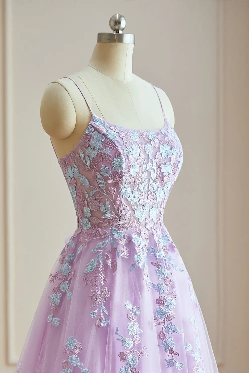 Dressime Classic A Line Spaghetti Straps Tulle Long Evening Dress With Appliques