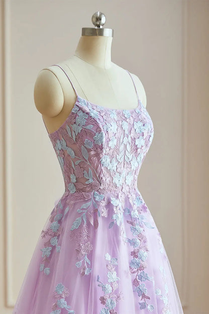 Dressime Classic A Line Spaghetti Straps Tulle Long Evening Dress With Appliques