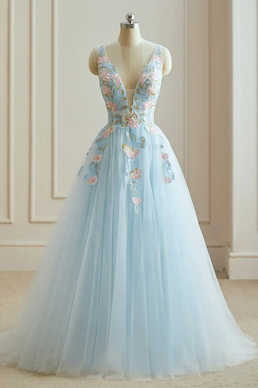 Dressime Vintage A Line V Neck Tulle Long Evening Dress With Appliques